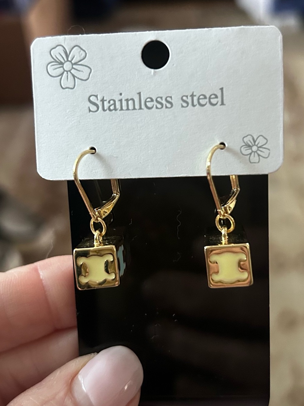 Gold-tone Stainless Cube Drop Earrings with Pale Yellow, pink and blue inlay